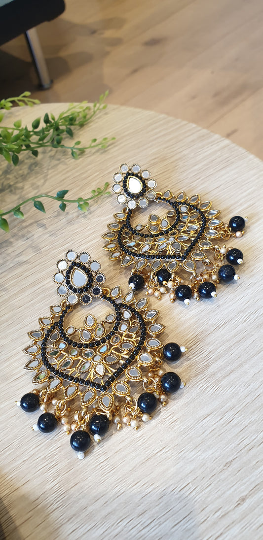 Black Beads Earring with Tikli (Head Ornament) Set