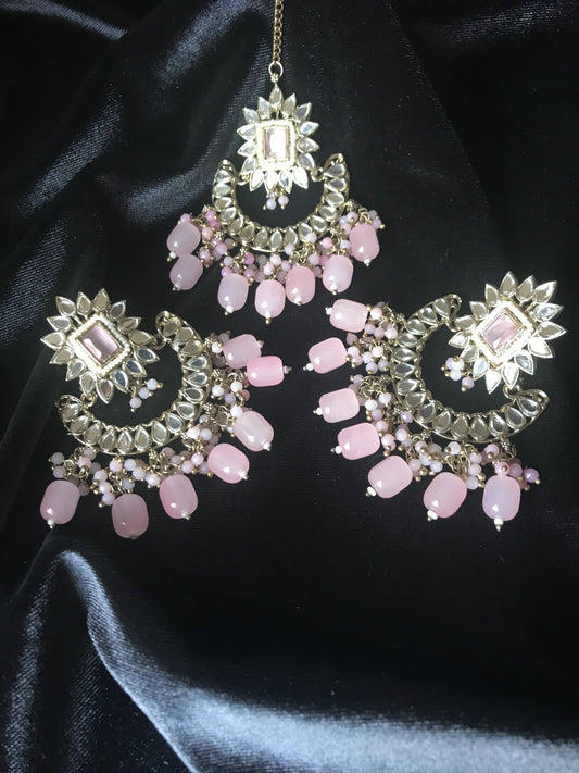 Pink Beads Earring with Tikli (head ornament) set